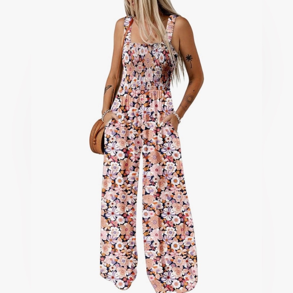 DOKOTOO Floral Smocked Jumpsuit Wide Leg Sleeveless Small S Pink Purple Women’s